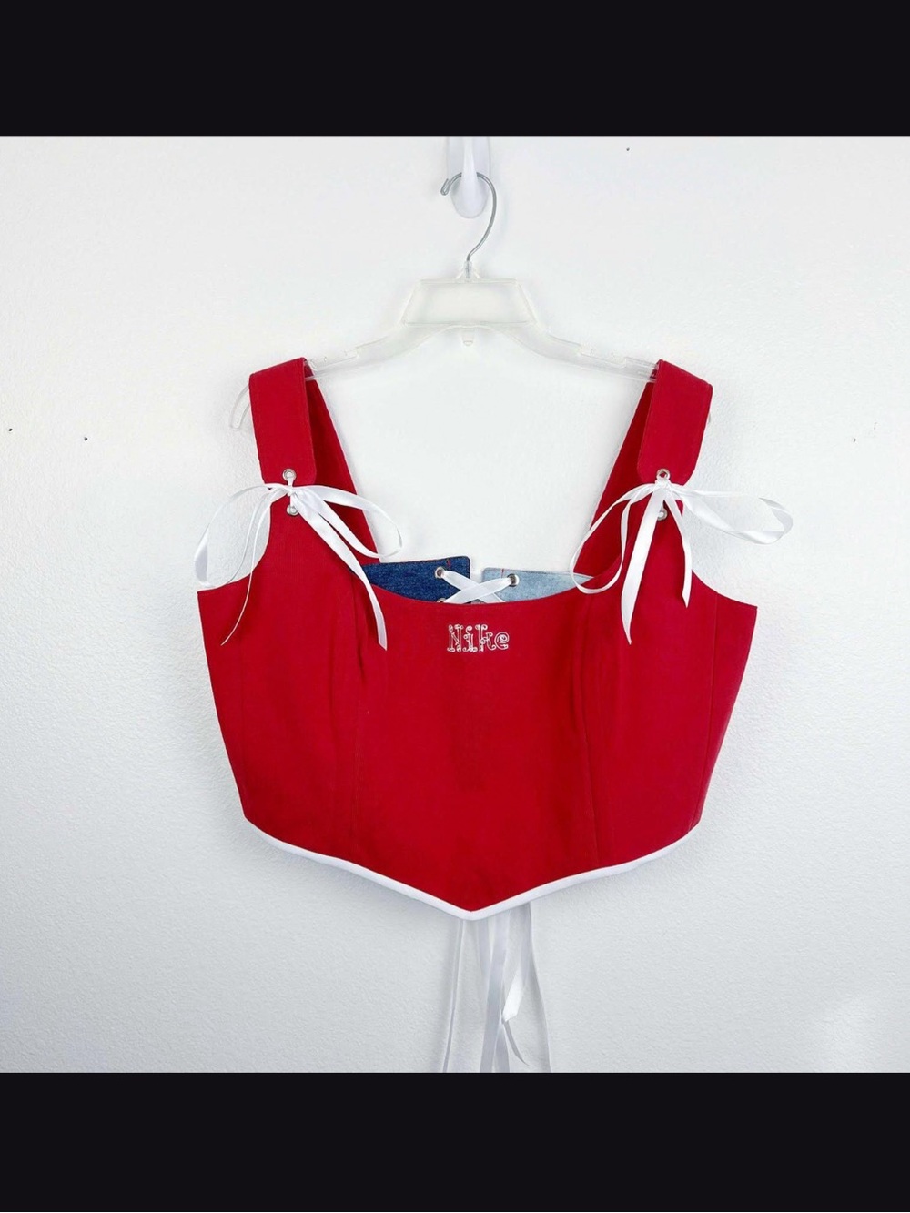 Handmade Red Reworked Corset Top White Ribbon Ties OOAK